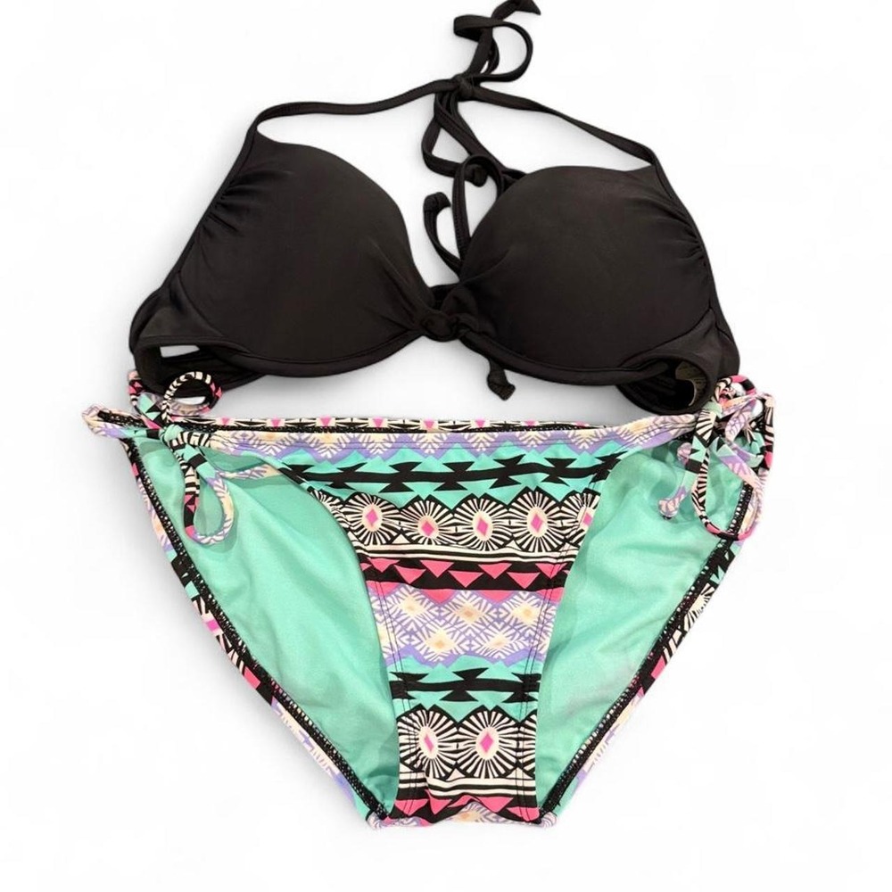 Old Navy Bikini Set Black Push Up Swim Top Geometric Tribal Side Tie Bottoms M